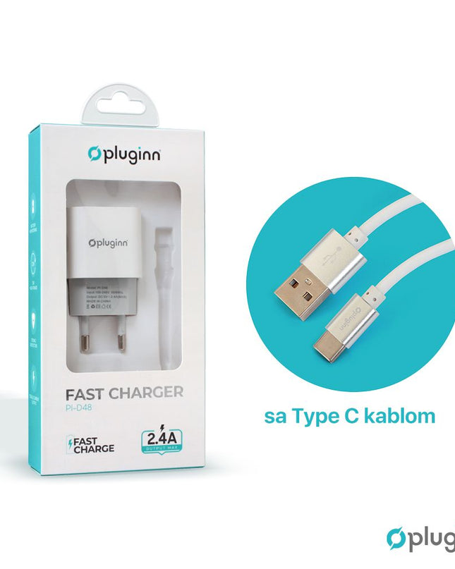 Kucni punjac Pluginn PI-D48, 5V, 2.4A, 12W sa Type C kablom beli CE