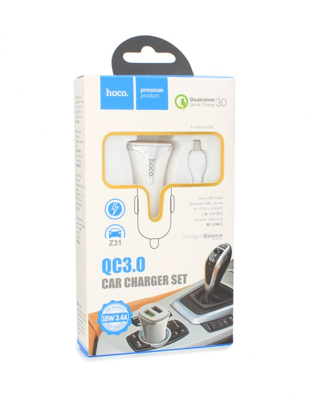Auto punjac HOCO Z31 QC3.0 2xUSB sa micro USB kablom beli