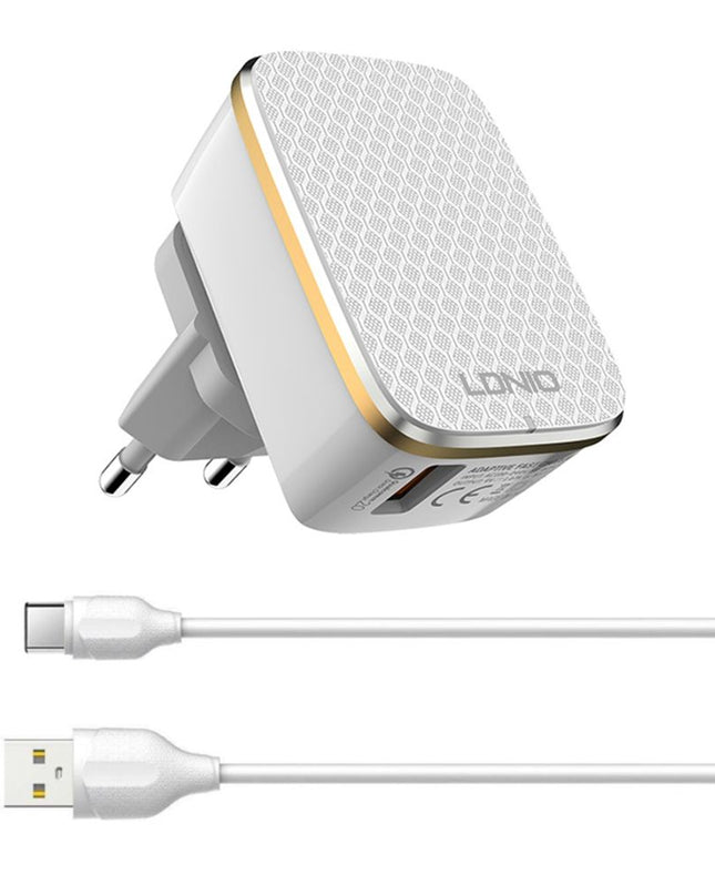 Kucni punjac LDNIO A1204Q Quick Charge 3.0 USB 5V 2.4A sa type C kablom beli