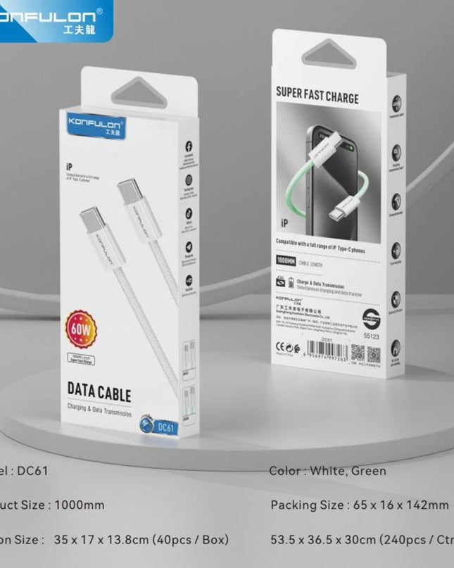 Data kabl KONFULON DC61 PD 60W Super Fast Charge za iPhone 15 Type C na Type C beli 1m