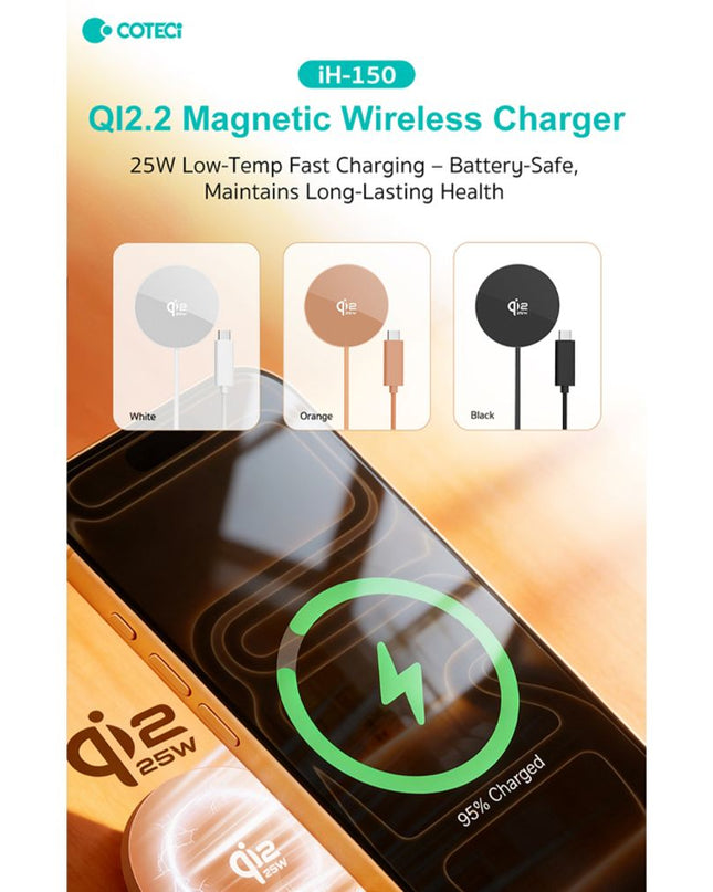 Wireless punjac magnetic Coteci iH-150 Qi2.2 25W narandzasti