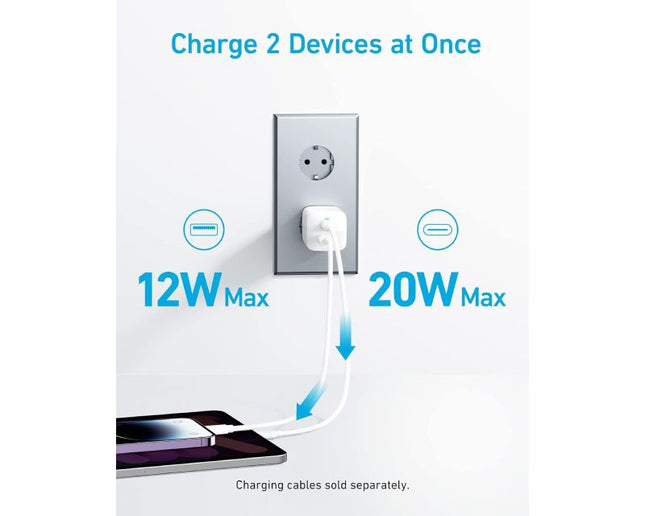 ANKER 323 33W USB-C zidni punjač 2-porta (USB-A i USB-C), bela