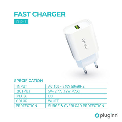 Kucni punjac Pluginn PI-D48, 5V, 2.4A, 12W sa micro USB kablom beli CE
