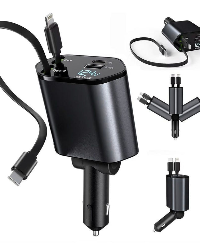 Auto punjac C1 4u1 PD 3A, USB 2.4A 120W (total) sa Type C/lightning kablom tamno sivi