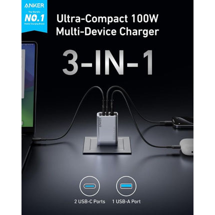 ANKER Prime 100W GaN zidni brzi punjač, 3-porta (2x USB-C i 1x USB-A) srebrni crna