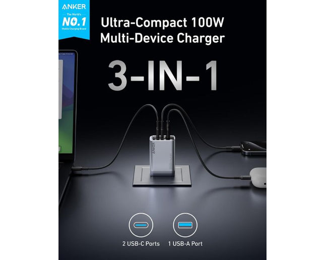 ANKER Prime 100W GaN zidni brzi punjač, 3-porta (2x USB-C i 1x USB-A) srebrni crna