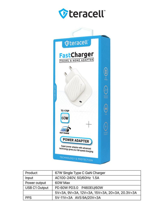 Kucni punjac Teracell Evolution TC-17GP, GaN, PPS, PD 3.0, 60W beli CE