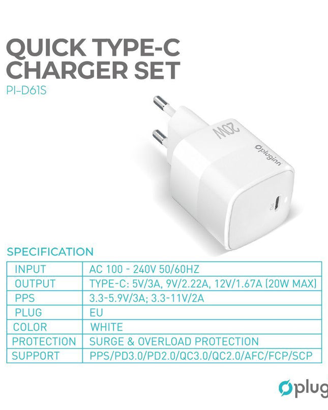 Kucni punjac Pluginn PI-D61S, PD3.0, PPS, 20W sa PD iPhone lightning kablom CE bela