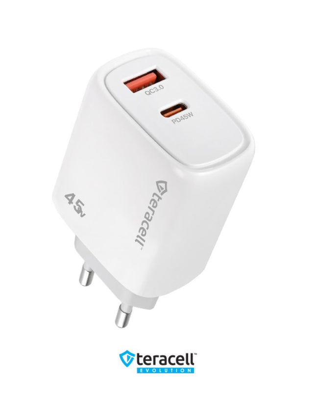 Kucni punjac Teracell Evolution TC-19, GAN, QC, PD Fast charging 45W sa PD type C kablom beli CE