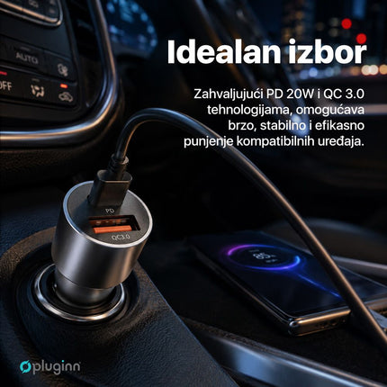 Auto punjac Pluginn PI-40, PD 20W, QC 3.0 18W, sivi