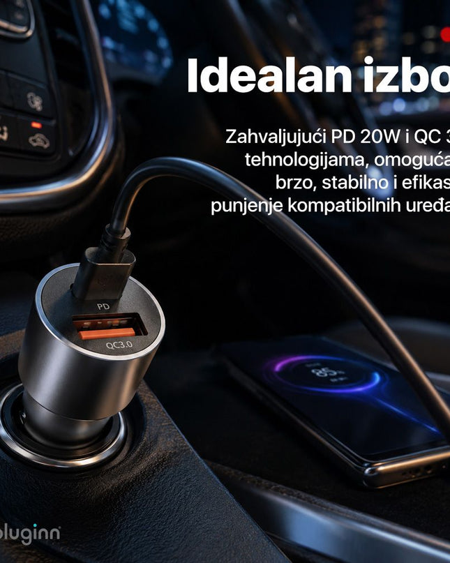 Auto punjac Pluginn PI-40, PD 20W, QC 3.0 18W, sivi