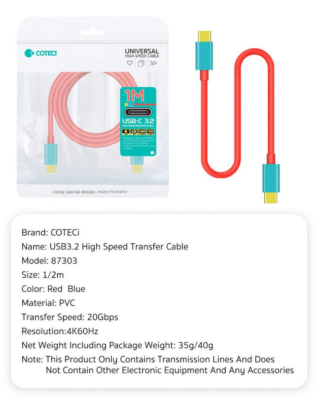 Data kabl Coteci Thunderbolt 87303 100W 4K 20Gbps PD na Type C crveni 2m
